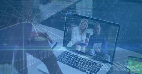 Conducting remote meeting user viewing laptop at office with smartphone tablet and data overlays