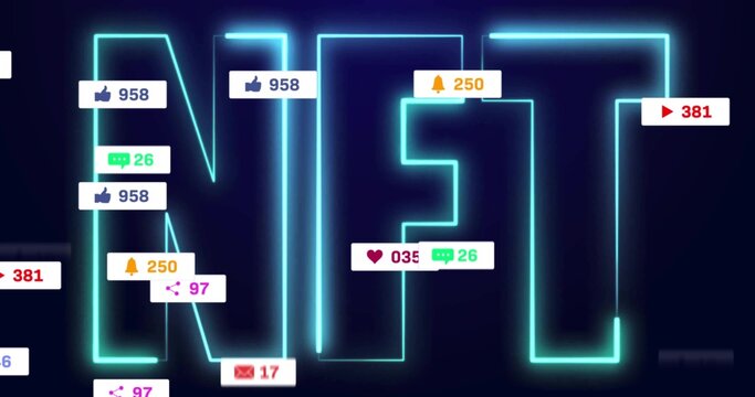 Displaying neon letters NFT glowing in digital interface, with notification icons showing counts - Powered by Adobe