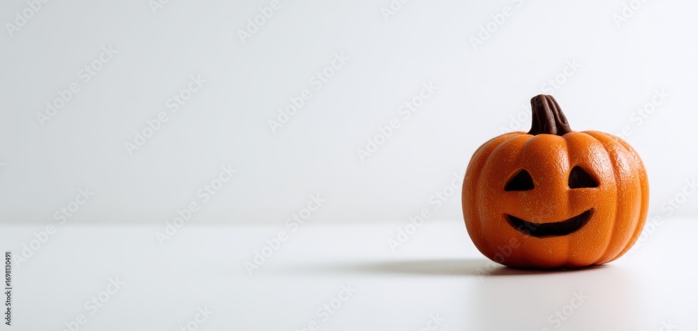 Poster the pumpkin jackolantern smiling on a minimal white background with ample copy space