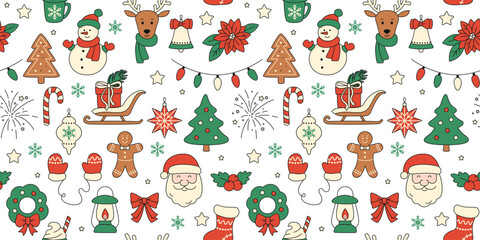 Merry Christmas. Winter festive Seamless Pattern. Santa, Sleigh, Snowman, Gift, Bell, Christmas tree, Holly, Poinsettia, Fireworks, Lantern, Santa Claus, Bow, Gingerbread, Christmas tree toys, Snowfls