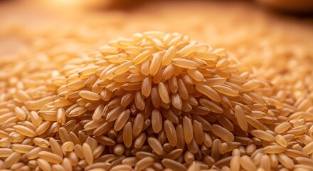 Golden pile of uncooked brown rice grains illuminated by warm sunlight, perfect for healthy eating inspiration.