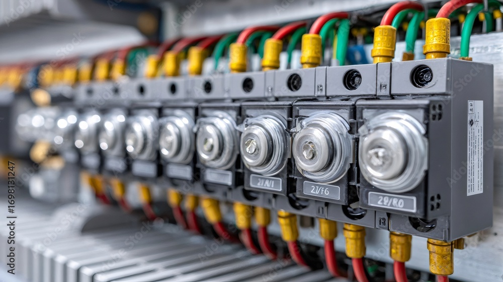 Poster electrical fuses and colorful wires connecting in a fuse box