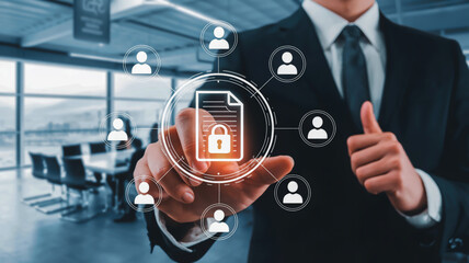 Businessman touches secure digital document with padlock icon and network connections