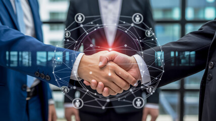Business people shaking hands with digital network overlay symbolizing connection and partnership