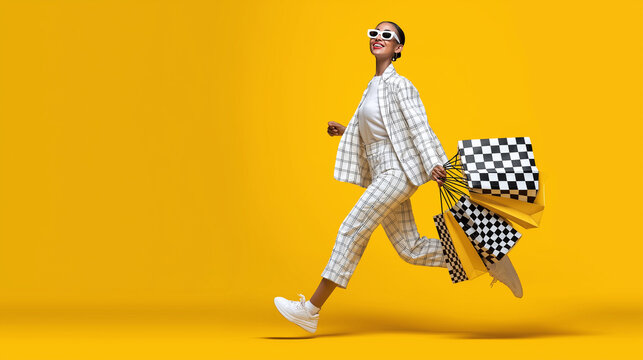 Stylish shopper in the Spotlight: An elegant individual races with shopping bags against a vibrant yellow backdrop.