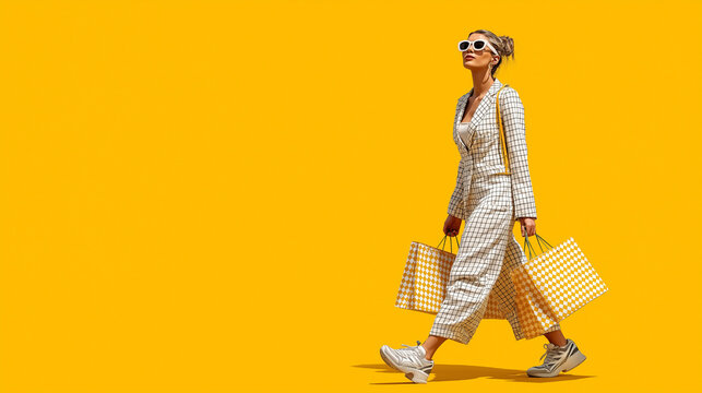 Fashionable Shopping Spree: A stylish individual strides confidently, adorned in fashionable attire, clutches shopping bags with effortless grace.