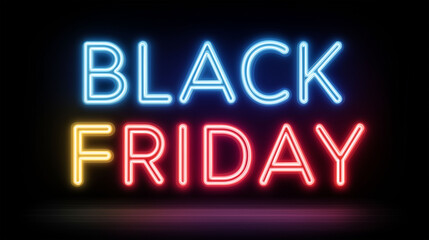 Black Friday Neon Sign: A vibrant and eye-catching neon sign announces BLACK FRIDAY in striking colors against a deep, dark backdrop, evoking excitement.