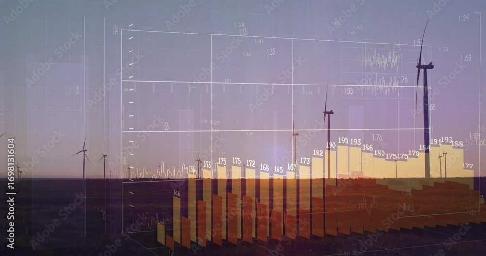 Aufkleber semitransparent 3d bar chart presenting data over wind turbines at dusk, with gridlines and labels