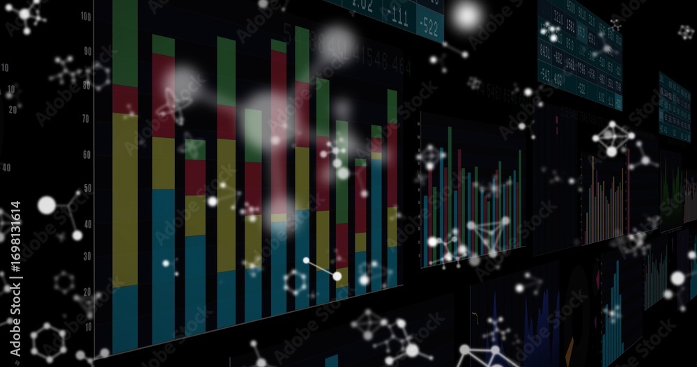 Aufkleber displaying bar chart showing colorful bars in control room with molecules and screens, copy space