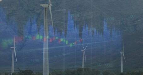 Showing white wind turbine spinning at cliff base, with green red bars, blue chart overlay