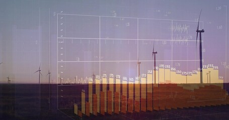 Semitransparent 3D bar chart presenting data over wind turbines at dusk, with gridlines and labels