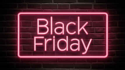 Neon Black Friday: A vibrant neon sign illuminates the words Black Friday against a textured brick wall, creating a bold and eye-catching announcement for the highly anticipated shopping event.