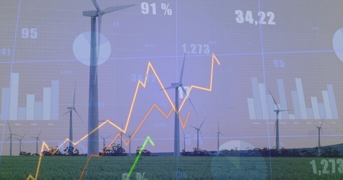 Displaying large wind turbine standing in green crop field at dusk, with financial data overlays - Powered by Adobe