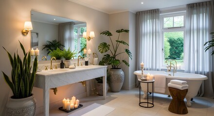 Luxurious spa bathroom sanctuary with plants, candles, and elegant marble vanity creating serene ambiance