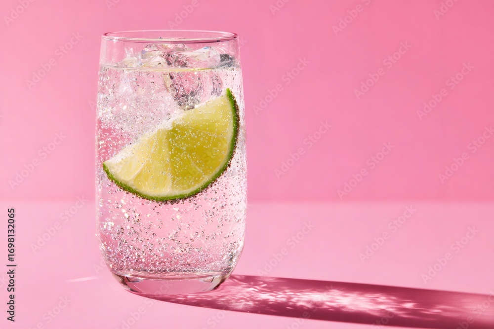 Poster glass of sparkling water with a slice of lime and ice cubes on a vibrant pink background, creating a