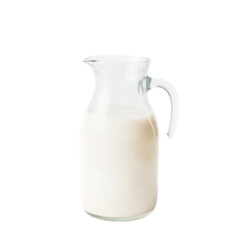 Clear glass pitcher filled with opaque white milk with a curved handle