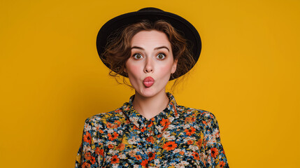 Playful Expression: A stylish woman playfully pouts, adorned with a hat and a patterned blouse, set against a vibrant background.