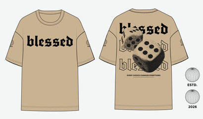 Streetwear-inspired vector illustration featuring gothic &ldquo;Blessed&rdquo; lettering, oversized dice, and motivational slogan. Ideal for apparel, poster prints, tattoos, and urban fashion graphics.