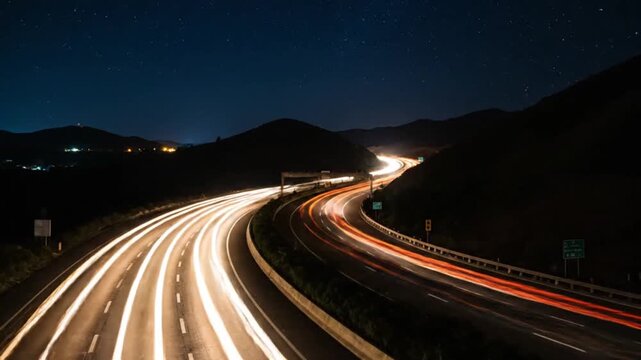 A long-exposure shot of a winding highway at night, showcasing the mesmerizing flow of traffic with vib