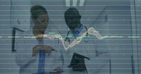 Reviewing data, doctors analyzing in hospital corridor, with tablet, stethoscopes and graph overlay