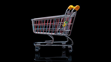 Shopping Cart on Black: A sleek shopping cart, bathed in dramatic light, poised against a stark black backdrop, embodies the essence of retail, consumerism, and commerce.