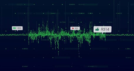 Displaying green waveform, showing comment icon 1303, play icon 923 and thumbs-up icon 9314 in UI
