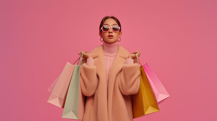 Shopping Spree: A fashionable woman, draped in stylish outerwear and elegant sunglasses, showcases her shopping bags in a dynamic, captivating pose, evoking the thrill of retail therapy. 