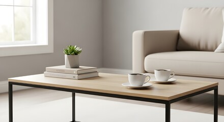Cozy living room scene with coffee cups, books, and a plant on a modern coffee table.