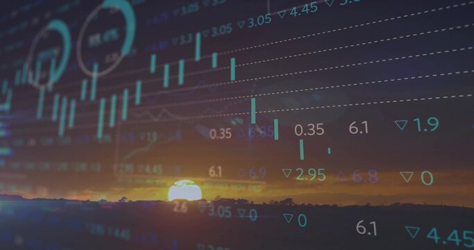 Naklejki Sun disc glowing through dusk sky on rural horizon, with teal financial charts overlaying