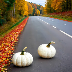 Two White Pumpkins on a Country Road with Vibrant Autumn Foliage  