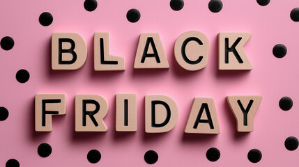 Black Friday Deals Typography: A stylish and inviting composition featuring BLACK FRIDAY spelled out in wooden letters, set against a pastel pink polka dot backdrop.