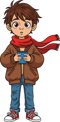 Cartoon boy holding hot drink, winter clothing outfit, red scarf, cute child illustration, cozy weather scene, warm cup character