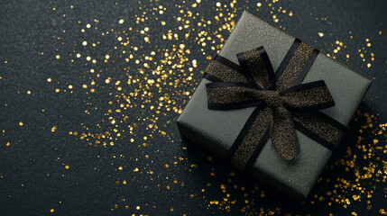 Elegant Gift Presentation: A sophisticated grey gift box, adorned with a dark ribbon, rests amidst a scattering of shimmering golden confetti against a deep black backdrop.