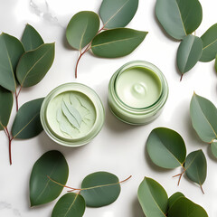 Vegan Skincare Flatlay Eucalyptus Leaves and Green Cream Jar  