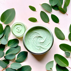 Vegan Skincare Flatlay Eucalyptus Leaves and Green Cream Jar  