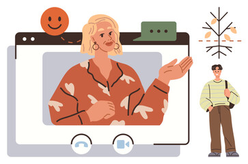 Online speaker presenting via video call, engaging audience with hand gestures, chat bubbles, virtual icons. Ideal for education, remote work, online meetings, webinars, communication digital tools