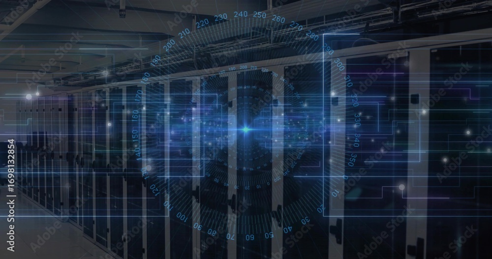 Poster projecting holographic interface streaming data over server racks and cooling ducts in data center