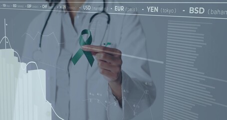 Holding female doctor in lab coat displaying green ribbon at panel with currency ticker and graphs