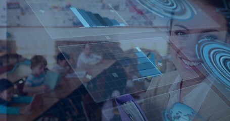 Smiling educator holding folders at classroom right, children using tablets with charts, copy space