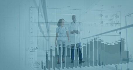 Walking lab coat doctors analyzing data in hospital corridor with tablet stethoscopes chart overlay