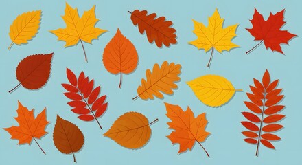 Obraz premium Colorful Autumn Leaves Arrangement on Blue Background, Flat Design, Vector Illustration.