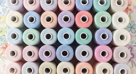Fototapeta premium Vibrant pastel thread spools arranged neatly, perfect for crafting, sewing, and creative projects.