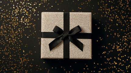 Gift Box Delight: A beautifully wrapped gift box adorned with a ribbon rests on a bed of shimmering golden sparkles, creating an atmosphere of luxury and celebration.