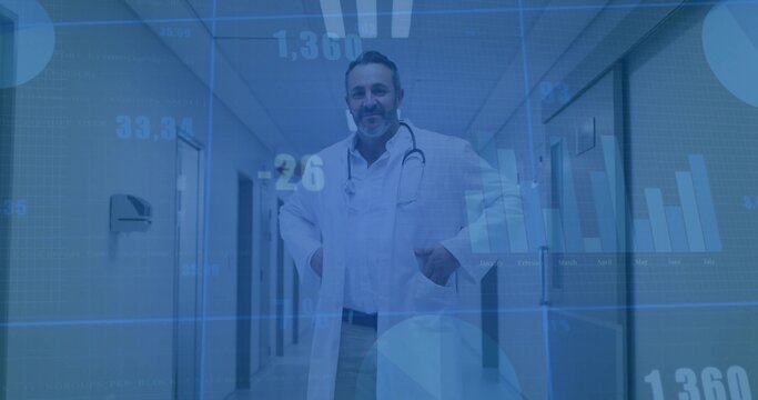 Standing doctor wearing lab coat and stethoscope in medical corridor, with holographic data overlay