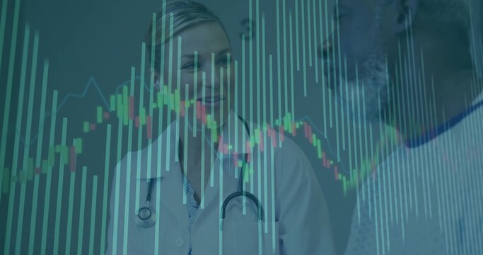 Smiling white coat doctor talking with patient in office, stethoscope and financial chart overlay