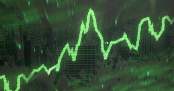 Displaying neon green line graph over city skyscrapers at night, with translucent grid + 71