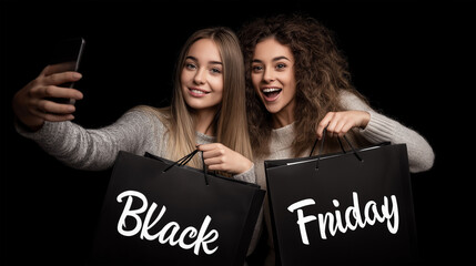Black Friday Selfie: Two excited women flash a radiant smile while capturing a shopping spree moment with a selfie and holding shopping bags. A scene that depicts the joy of retail therapy.