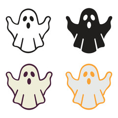 Set of four Halloween ghost icons spooky cartoon silhouette outline clipart for holiday decoration