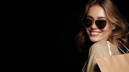 Fashion Forward: A stylish woman, radiating confidence, dons sunglasses and carries shopping bags, turning to face the viewer with a captivating smile, against a backdrop of deep, dramatic shadows.