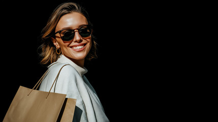 Stylish Shopper in Sun: A fashionable woman, radiating confidence and joy, steps into the sunlight with a shopping bag, encapsulating the essence of urban lifestyle and retail therapy.